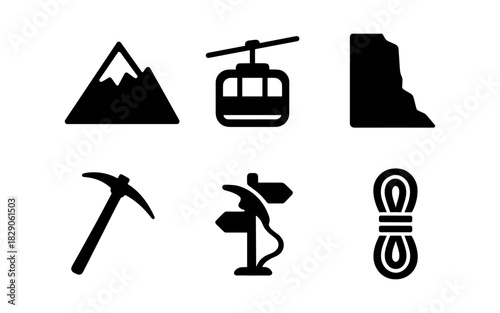 Adventure icons set: mountain gear, cable car, cliff, and outdoor equipment