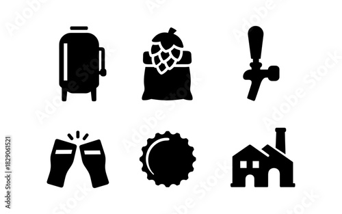Craft brewery icons: beer equipment, ingredients, and symbols in silhouette style