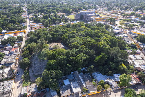 Aerial Drone View of Itzamatul Pyramid with San Antonio de Padua Convent in Izamal, Yucatán
