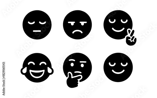 Minimalist emoji faces with various expressions in black silhouette style