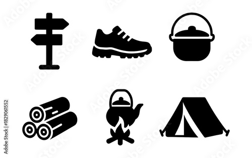 Camping icons: adventure signpost, hiking, campfire, tent, gear in silhouette style