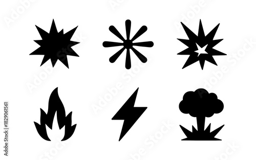 Dynamic symbols collection: explosive star, burst, flame, lightning, tree icons