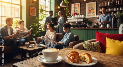 People relax in a cozy cafe, enjoying warm beverages and baked goods, with sunlight streaming through large windows illuminating the comfortable seating area and a bustling counter in the background.