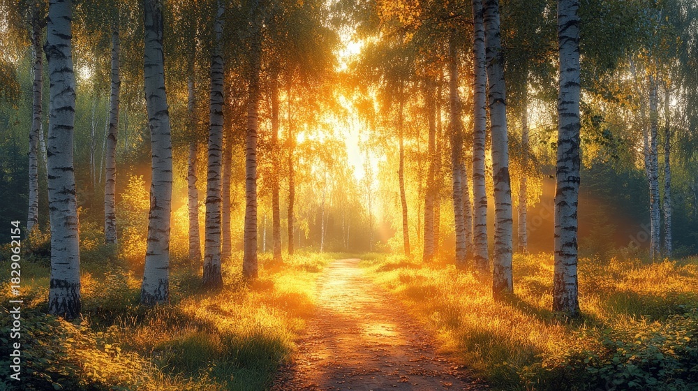 Obraz premium A tranquil forest path bathed in warm sunlight, showcasing the textures of birch trees and golden grasses with dramatic shadows. Evokes a sense of peace and nature.