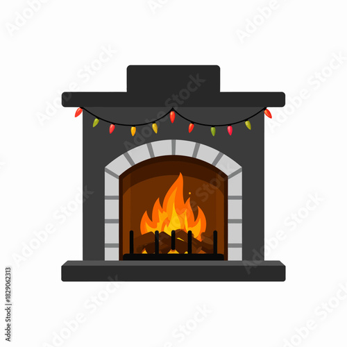 fire burning in a fireplace, fireplace with burning firewood, fireplace with fire, vector icon of cozy fireplace with garland simple design