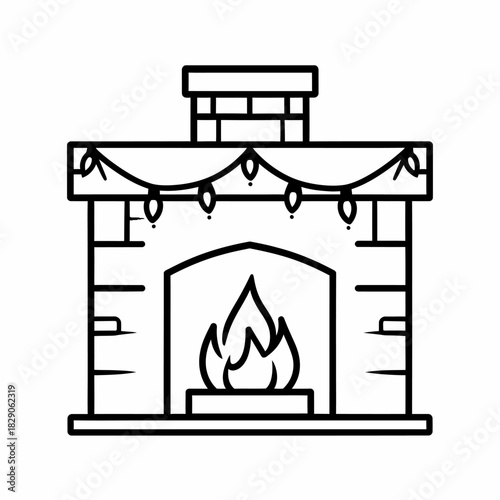 fire burning in a fireplace, fireplace with burning firewood, fireplace with fire, vector icon of cozy fireplace with garland simple design