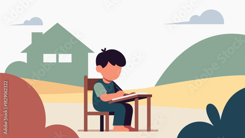 Pastel Flat Illustration of a Rural Child Studying Outdoors with a Learning Board