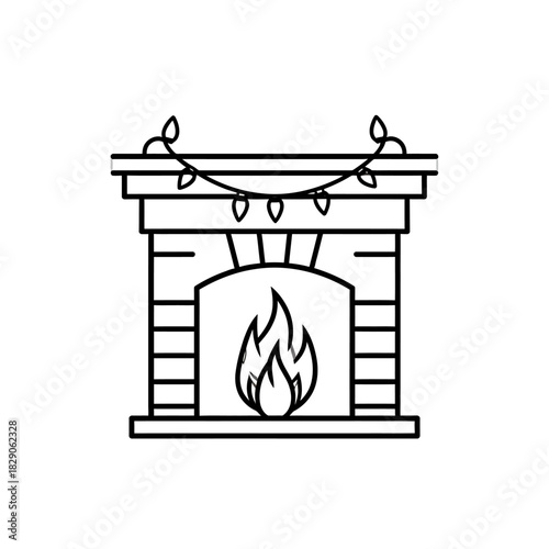 fire burning in a fireplace, fireplace with burning firewood, fireplace with fire, vector icon of cozy fireplace with garland simple design