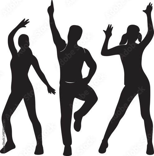 Silhouettes of three energetic people dancing and celebrating