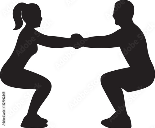 Couple doing squats, holding hands, fitness exercise vector.