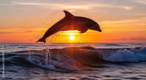 Fototapeta Naklejka Na Ścianę i Meble -  Dolphin leaping from ocean wave during vibrant sunset, silhouetted against warm golden sky