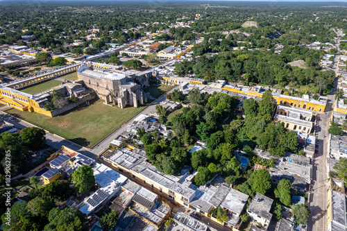 Aerial View of San Antonio de Padua Convent with Kinich Kakmó Pyramid in Izamal, Yucatán
