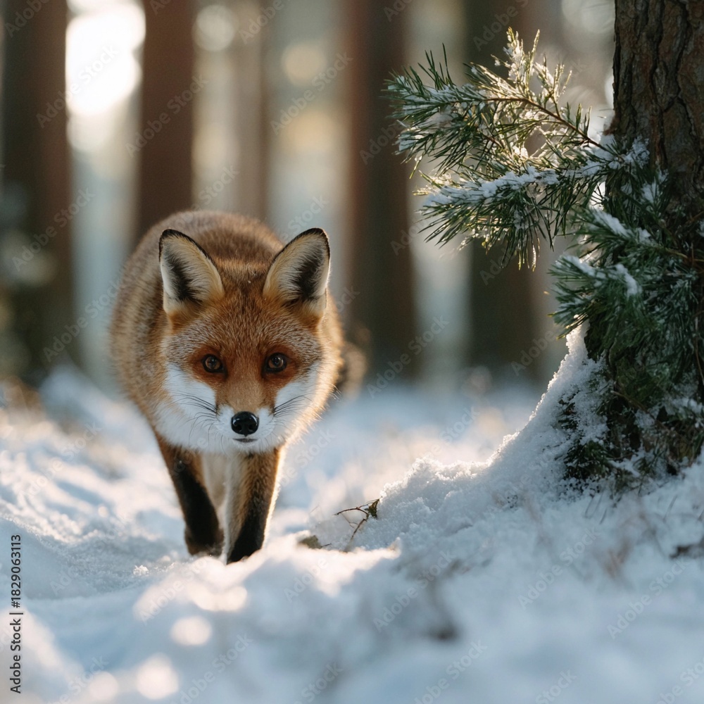 Fototapeta premium A fox is walking through the snow, looking for food
