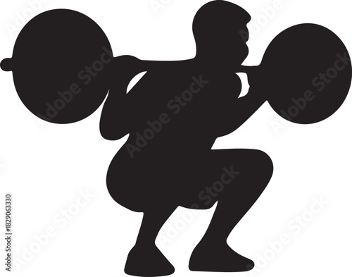 Male athlete squatting with barbell, strength training icon.