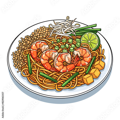 A delicious plate of Thai Pad Thai noodles with shrimp, tofu, bean sprouts, and lime, presented as a colorful vector illustration.