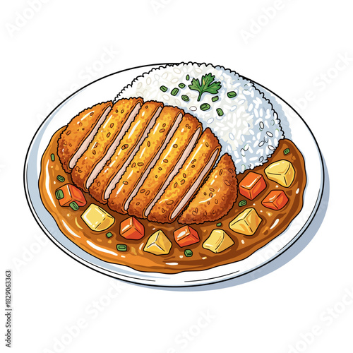 An illustrated plate of Japanese katsu curry, featuring a sliced breaded pork cutlet served with white rice and a rich vegetable curry sauce.