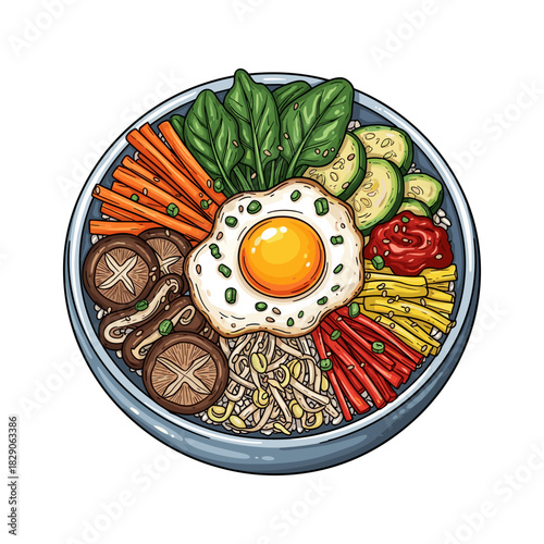 A colorful illustration of a traditional Korean bibimbap bowl with a fried egg and various vegetables.
