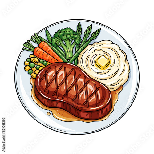 A cartoon illustration of a complete steak dinner on a plate with mashed potatoes and mixed vegetables.