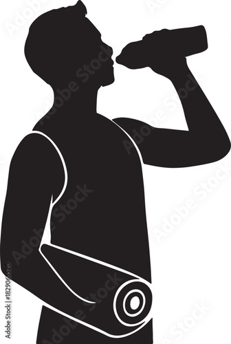 Athlete silhouette drinking water, holding mat for exercise break
