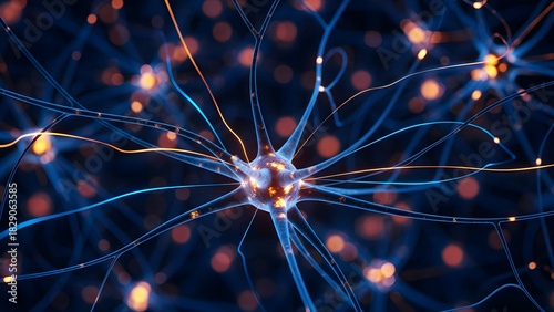 Intricate neural network sending signals, conveying innovation, discovery, and scientific advancement for medical research and technological breakthroughs