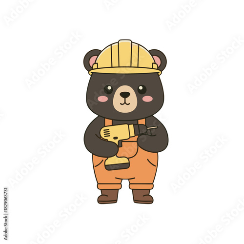 Cute construction bear holding a yellow drill – vector illustration