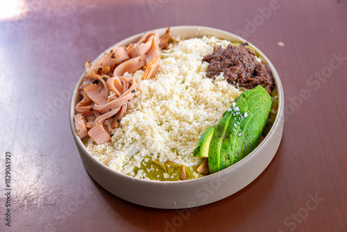 Mexican Gourmet Chilaquiles with Poblano Sauce and Turkey Ham