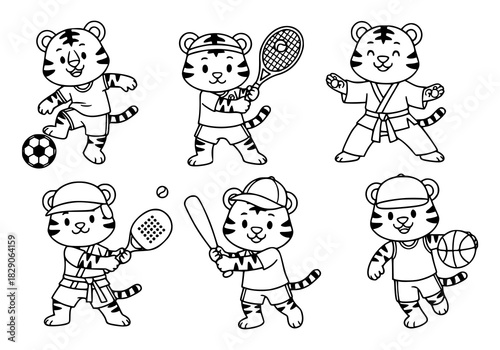 Black and white illustration of a tiger cub engaging in various sports activities.