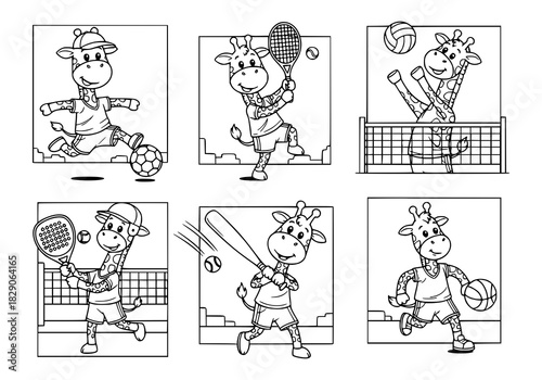 A set of six black and white coloring page illustrations featuring a cartoon giraffe playing various sports like soccer, tennis, and basketball.