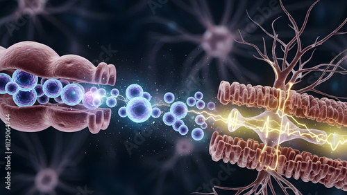 Synaptic transmission with vibrant energy flowing between neurons, a modern scientific visualization for medical research and pharmaceutical innovation