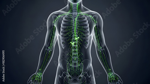 Human lymphatic system illustration showing the network of vessels and nodes, ideal for medical education materials and healthcare marketing campaigns
