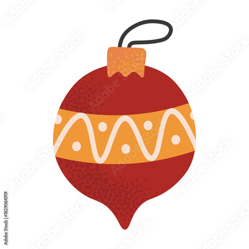 Glossy red Christmas ball ornament with festive shine. Classic holiday decoration for seasonal design and winter illustration