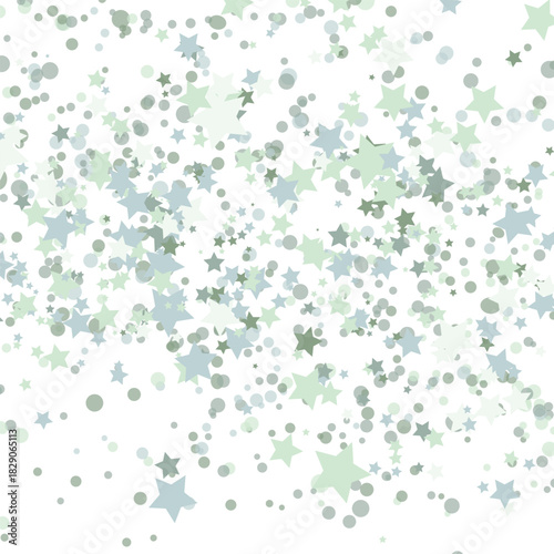 Stars green glitter confetti isolated on blurred abstract white background. Festive holiday background. Celebration concept. Falling magic gold particles. Invitation mock up. Top view, flat lay.