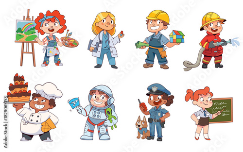 Cute cartoon children dressed as different professionals, including artist, doctor, builder, firefighter, chef, astronaut, police officer and teacher. Colorful job characters for kids. Illustration