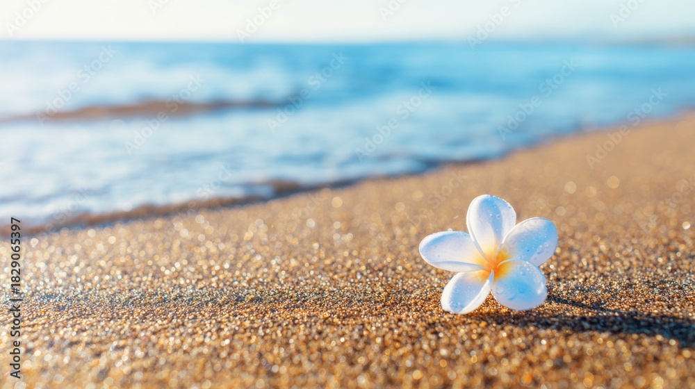 Naklejka premium Flower resting on sandy beach by the ocean on a sunny day