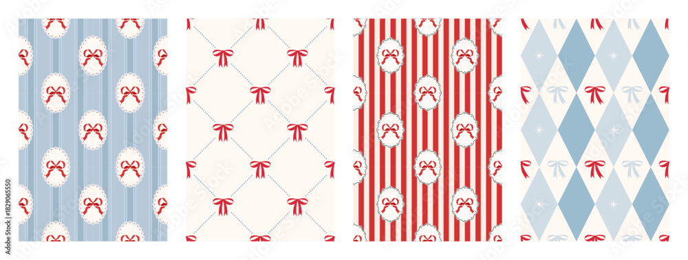 Fototapeta premium Christmas bows and ribbons seamless pattern background set. Vintage xmas packaging textures. Cute decorative frames. Coquette holiday print. Wrapping paper. Striped backdrop. Vector illustration