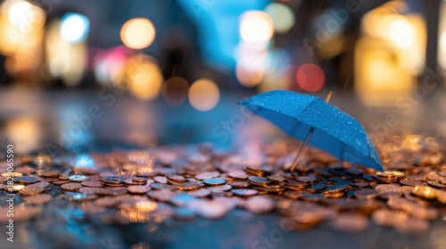 Fototapeta Naklejka Na Ścianę i Meble -  Blue umbrella stands amid shiny coins on a rainy street at dusk