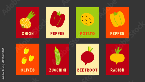 Modern Vegetable Wall Art – stylish graphic veggie silhouettes with soft grunge touches, perfect for contemporary homes and food-themed spaces.