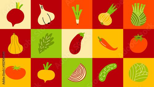 Whimsical Veggie Collage – playful hand-drawn vegetables in bold retro colors, ideal for kitchen décor, eco packaging, modern cooking visuals