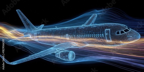 Digital representation of an airplane soaring through colorful streams of data at high speed
