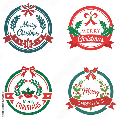 Set of Christmas badge designs featuring festive wreaths and ribbons vector illustration for holiday greeting cards and decorations