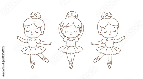Three Cute Cartoon Ballerinas in Line Art. Simple Ballet Coloring Page for Kids. Graceful Tutu Characters for Children’s Printable Activities and Educational Materials