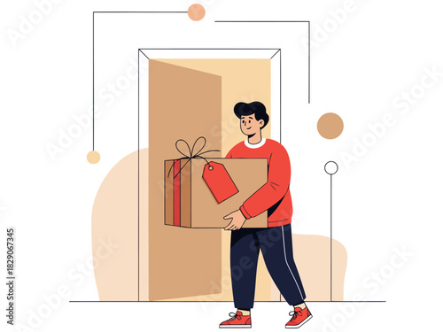A cheerful young man delivers a gift through a doorway, showcasing free shipping joy. Modern illustration style, flat design, bright colors, and a welcoming composition.