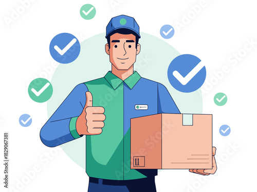 A smiling delivery man confidently holds a box, confirming a successful delivery.  Bright, modern illustration with a positive vibe. Perfect for e-commerce and logistics visuals.