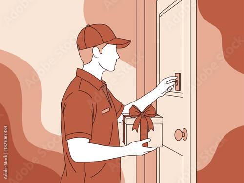 A delivery man hands a gift box to a door. The illustration features a warm color palette and a modern, minimalist style. Perfect for conveying arrival and joy.