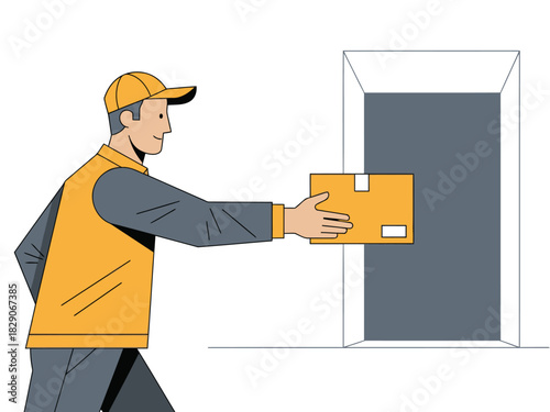 A delivery man hands a package to a doorway. Bright colors and a clean, modern style. Perfect for illustrating timely delivery and logistics.