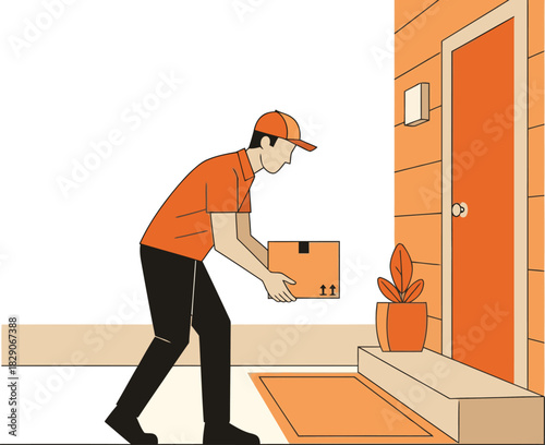 A delivery man hands a package to a doorstep. Direct to door service. Modern illustration style. Bright orange and neutral tones. Focus on convenience and efficiency.