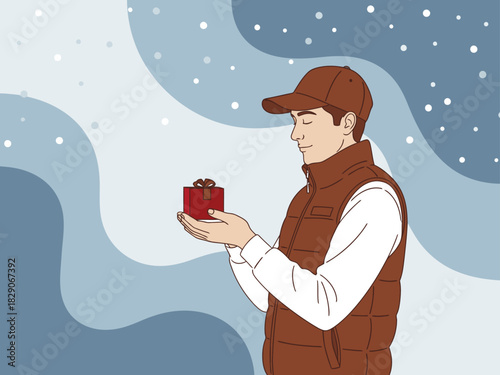 A smiling delivery man holds a small gift box, conveying joy amidst a wintery background.  Clean lines, soft colors, and a festive mood make this image ideal for holiday or gifting themes.