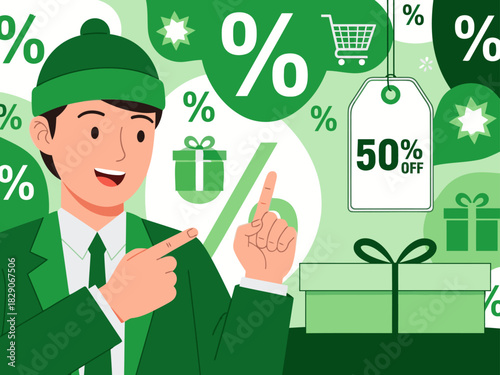  professional points to a sale graphic surrounded by discount tags and holiday decorations Vibrant green and white design ideal for marketing and promotions