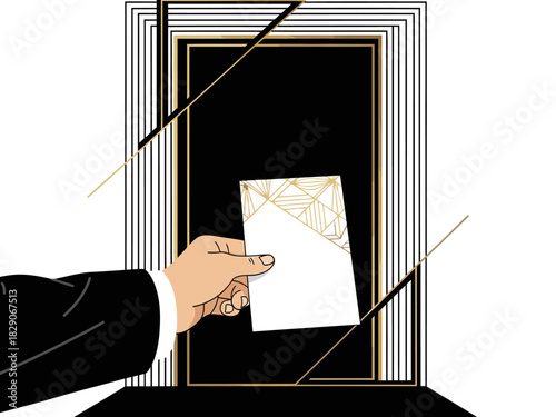 A stylish hand presents an invitation through a geometric doorway. Bold black and gold accents create a luxurious, vintage aesthetic. Perfect for event invitations or design projects.