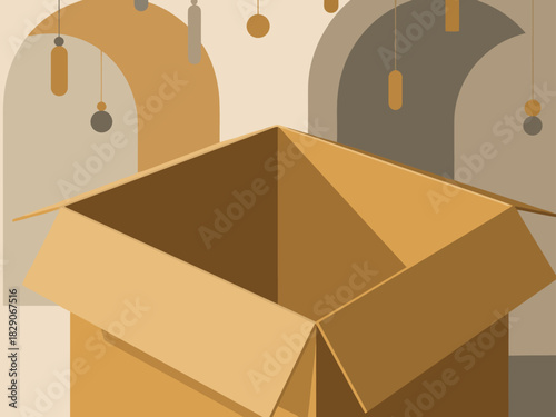 stylized brown cardboard box with an open interior sits before arched doorways adorned with hanging geometric shapes A modern minimalist design